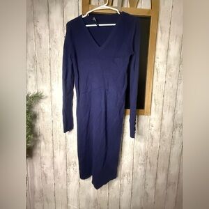 Lauren Ralph Lauren Ribbed V Neck Cotton Blend Long Sleeve Dress in Navy M